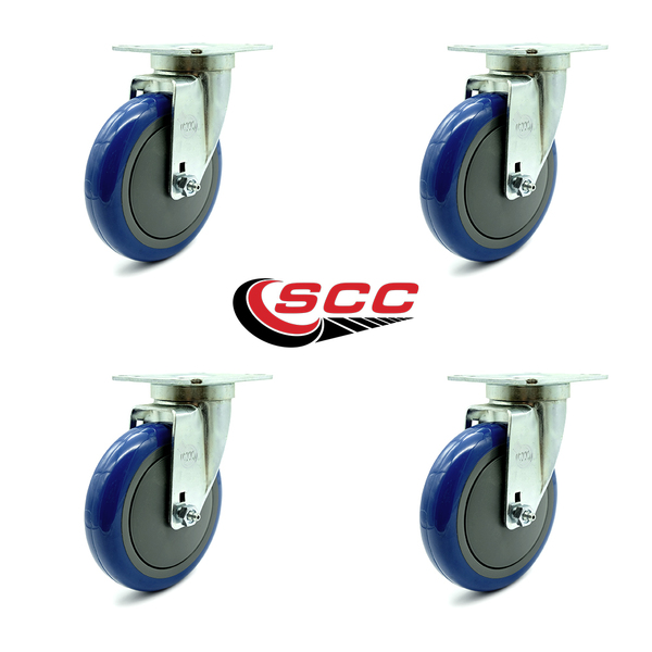 Service Caster Universal Kitchen Casters - 5" Blue Poly Wheel - 4 Swivel SCC-20S514-PPUB-BLUE-TPU1-4